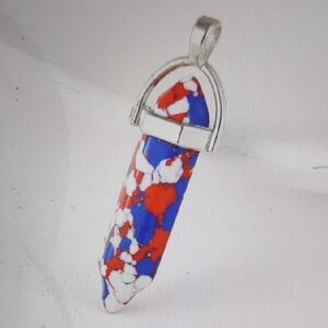 Natural Stone Hexagonal Column Pendant with Red, Blue, and White Accents